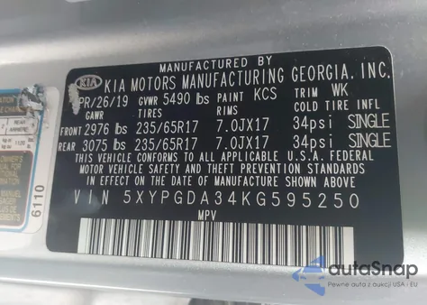 2019 Kia Sorento 2.4L Lx from USA, damaged, VIN 5XYPGDA34KG595250